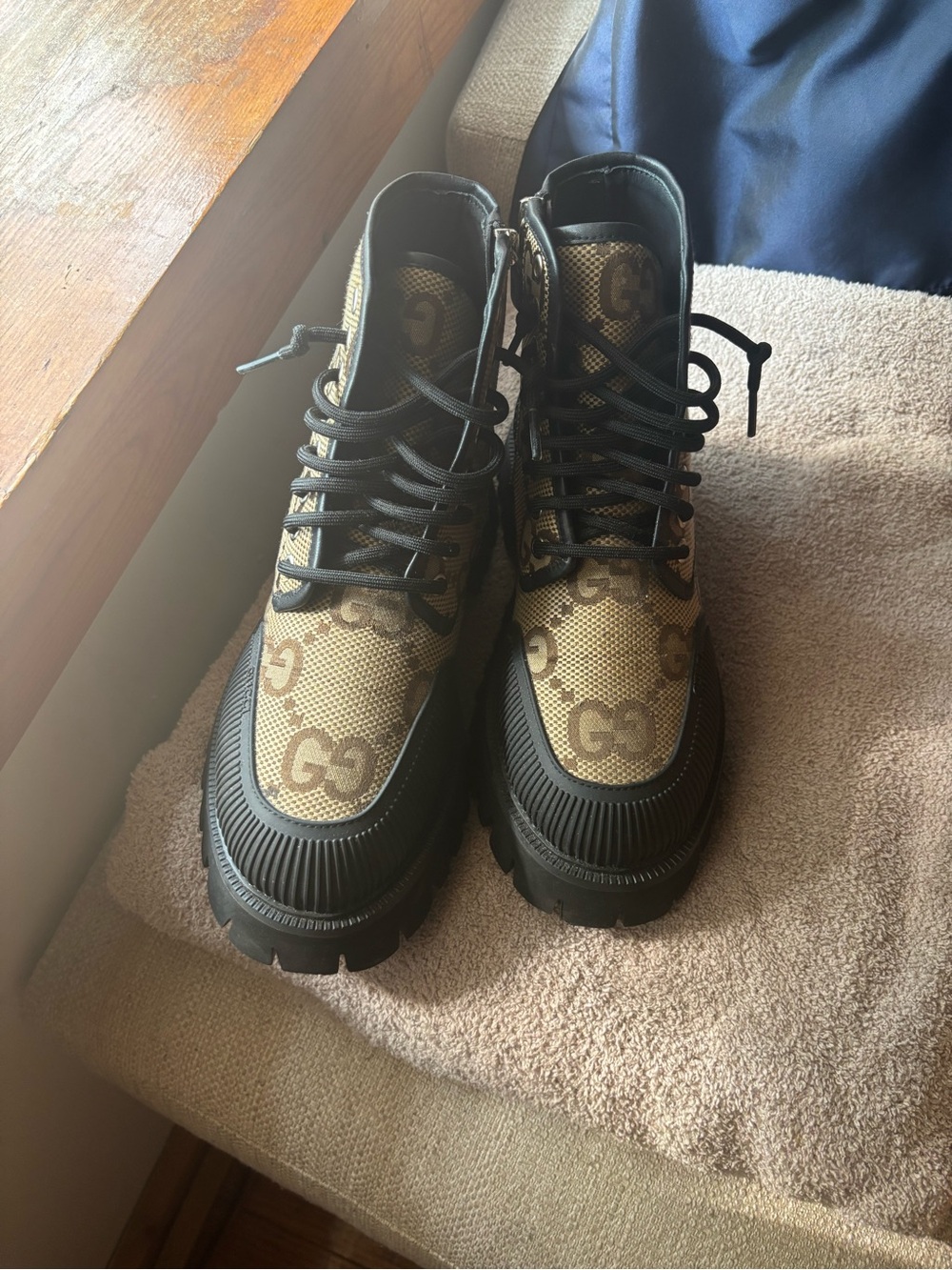 Gucci Brown GG Canvas and Black Rubber Lug Sole Boots